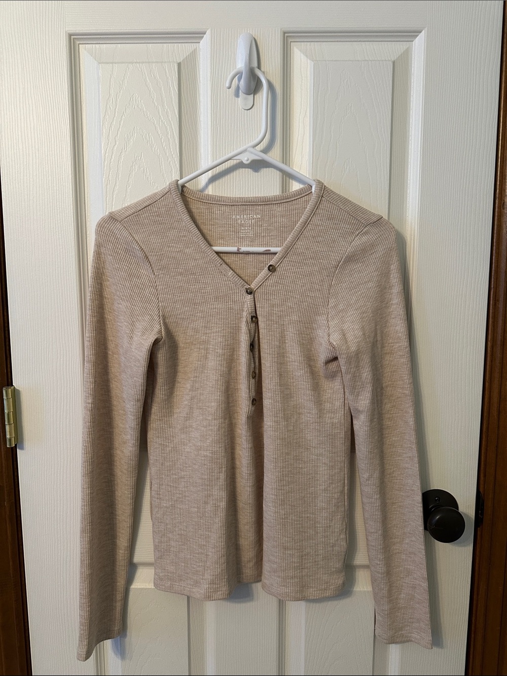 American Eagle Outfitters Ribbed Henley Long Sleeve Top - Taupe